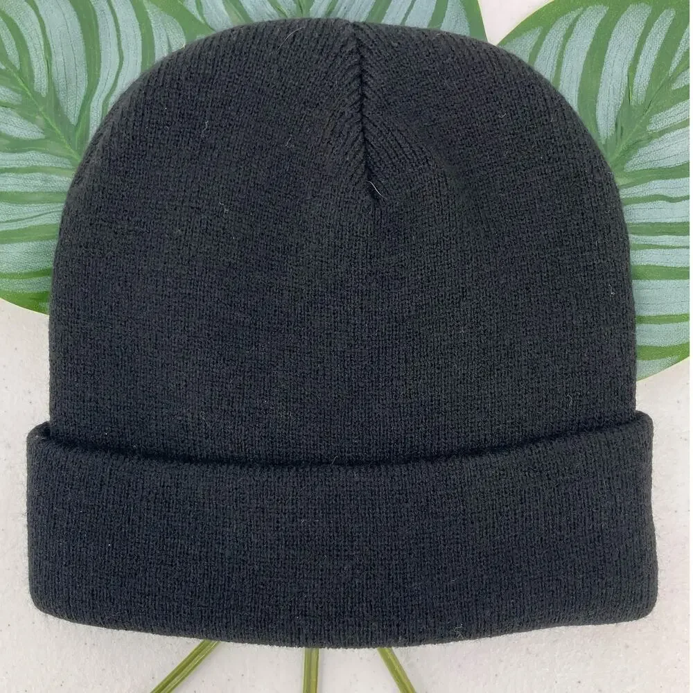 Y2K Black Silver Embroidered Alien Cuffed Knit Acrylic Stretch Youth Beanie Hat